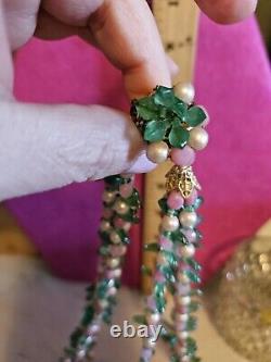 Vtg 40s Rare French Givre Pink Green Glass W Pearls Necklace