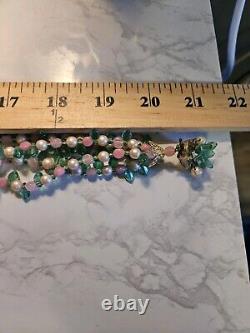 Vtg 40s Rare French Givre Pink Green Glass W Pearls Necklace