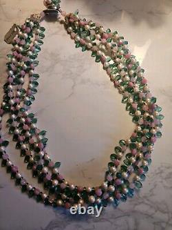 Vtg 40s Rare French Givre Pink Green Glass W Pearls Necklace