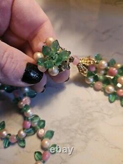 Vtg 40s Rare French Givre Pink Green Glass W Pearls Necklace