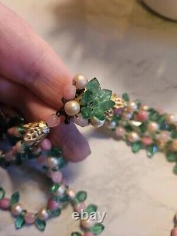 Vtg 40s Rare French Givre Pink Green Glass W Pearls Necklace