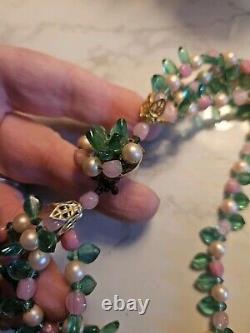 Vtg 40s Rare French Givre Pink Green Glass W Pearls Necklace