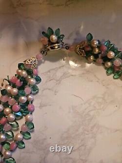 Vtg 40s Rare French Givre Pink Green Glass W Pearls Necklace