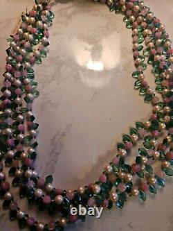 Vtg 40s Rare French Givre Pink Green Glass W Pearls Necklace