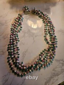 Vtg 40s Rare French Givre Pink Green Glass W Pearls Necklace