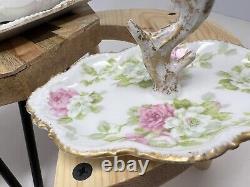 Vtg 4pc Limoges Old Abbey Pink Rose Porcelain Vanity Dresser Set Rare