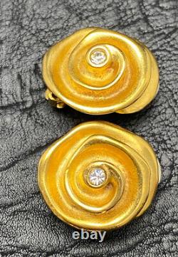 Vtg Givenchy Rose Clip Earrings Floral Matte Gold Tone Designer Signed Rare HTF