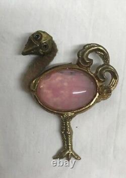 Vtg RARE 1920's Pink Rose Quartz FLAMINGO Chenille Pipe Cleaner Brooch pin