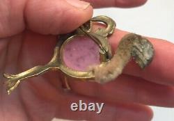 Vtg RARE 1920's Pink Rose Quartz FLAMINGO Chenille Pipe Cleaner Brooch pin