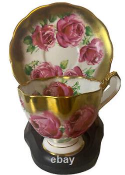 Vtg Rare Queen Anne PINK CABBAGE ROSE FLORAL CUP & SAUCER Heavy Gold Gilding