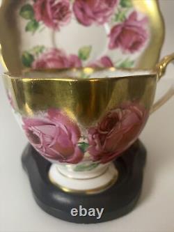 Vtg Rare Queen Anne PINK CABBAGE ROSE FLORAL CUP & SAUCER Heavy Gold Gilding