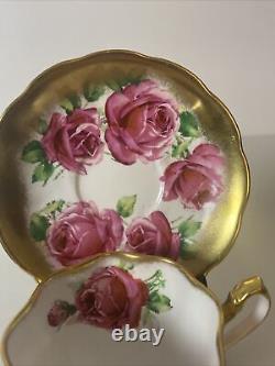 Vtg Rare Queen Anne PINK CABBAGE ROSE FLORAL CUP & SAUCER Heavy Gold Gilding