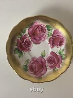 Vtg Rare Queen Anne PINK CABBAGE ROSE FLORAL CUP & SAUCER Heavy Gold Gilding