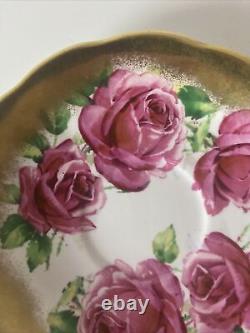 Vtg Rare Queen Anne PINK CABBAGE ROSE FLORAL CUP & SAUCER Heavy Gold Gilding