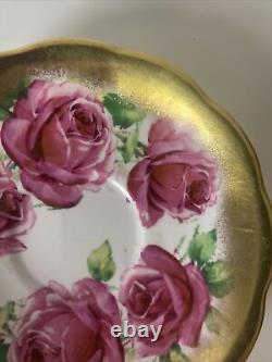 Vtg Rare Queen Anne PINK CABBAGE ROSE FLORAL CUP & SAUCER Heavy Gold Gilding