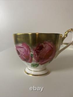 Vtg Rare Queen Anne PINK CABBAGE ROSE FLORAL CUP & SAUCER Heavy Gold Gilding