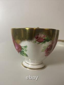 Vtg Rare Queen Anne PINK CABBAGE ROSE FLORAL CUP & SAUCER Heavy Gold Gilding