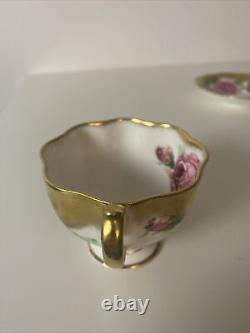 Vtg Rare Queen Anne PINK CABBAGE ROSE FLORAL CUP & SAUCER Heavy Gold Gilding