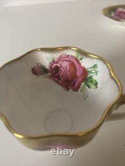 Vtg Rare Queen Anne PINK CABBAGE ROSE FLORAL CUP & SAUCER Heavy Gold Gilding