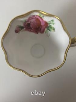 Vtg Rare Queen Anne PINK CABBAGE ROSE FLORAL CUP & SAUCER Heavy Gold Gilding