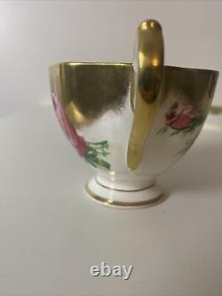 Vtg Rare Queen Anne PINK CABBAGE ROSE FLORAL CUP & SAUCER Heavy Gold Gilding