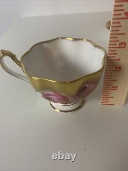 Vtg Rare Queen Anne PINK CABBAGE ROSE FLORAL CUP & SAUCER Heavy Gold Gilding