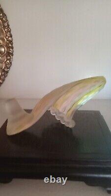 Vtg Rare Ruffled Glass Slipper Diamond Pattern Blue Yellow And Pink