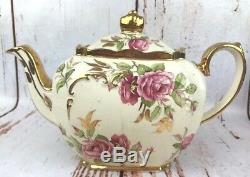 Vtg Sadler Cube Teapot Cabbage Pink Rose Flowers Gold Trim England 1949 CW Rare